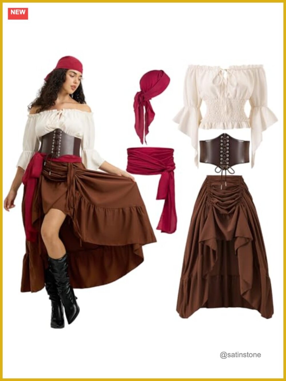 Womens Pirate Costume 5 Piece Set Renaissance Medieval Halloween Outfit